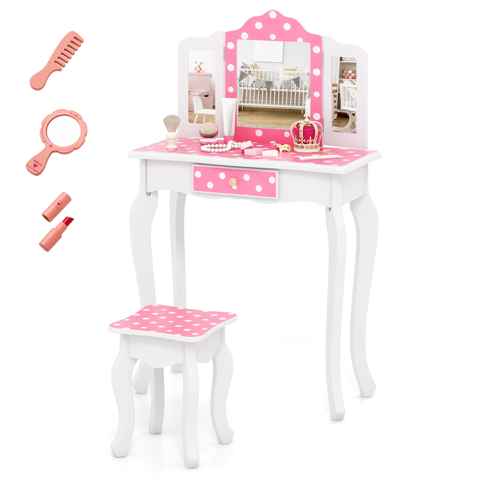 Kids Vanity Table With Mirror, Princess Pretend Play Makeup Dressing Table Set With Cute Polka Dot Print And Matching Kids Vanity Table With Mirror, Princess Pretend Play Makeup Dressing Table Set With Cute Polka Dot Print And Matching