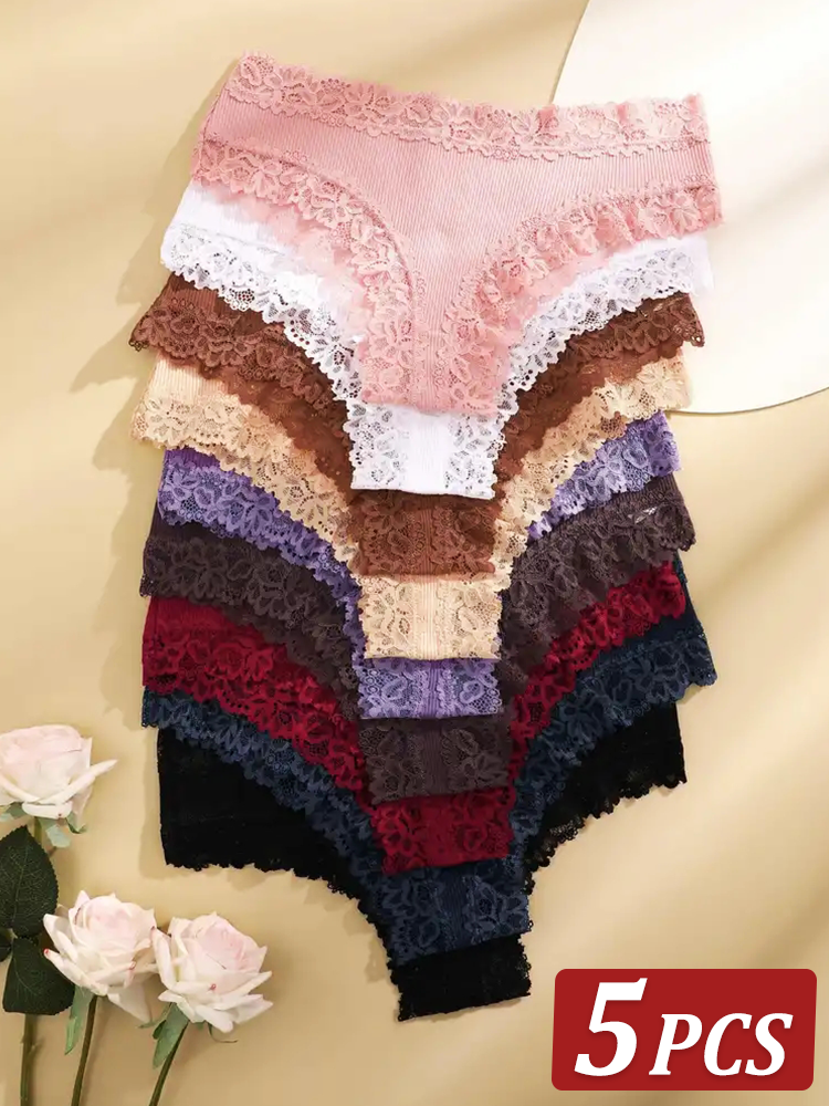 Women Cotton Panties, Floral Lace Intimate Underwear, Trendy Patchwork Briefs & Soft Underpants set 1 xl