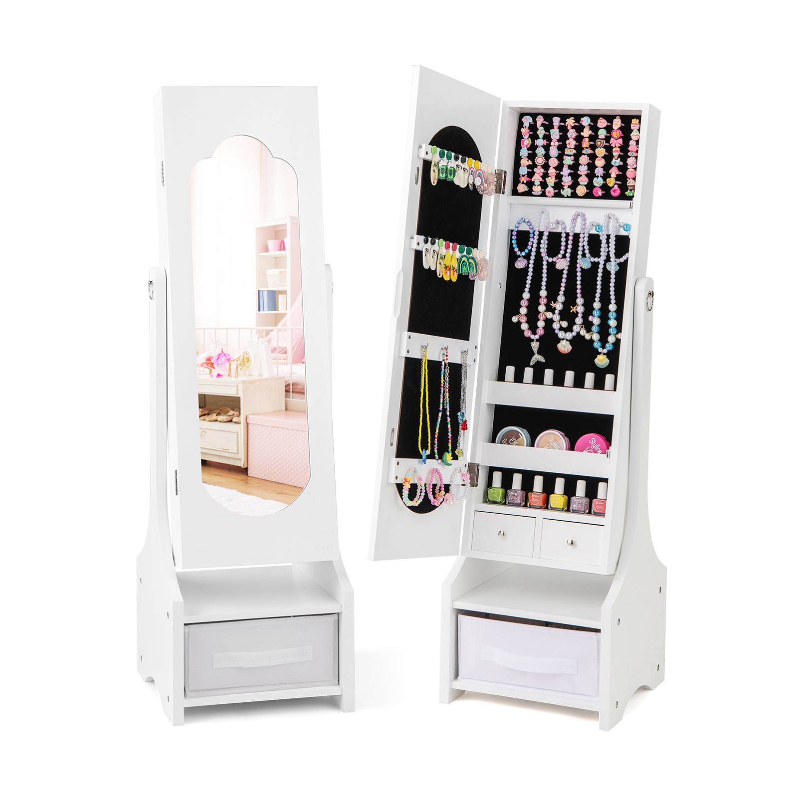 Adjustable Freestanding Kids Jewelry Armoire Cabinet With Mirror, Storage Drawers & Anti Tip Safety Design Adjustable Freestanding Kids Jewelry Armoire Cabinet With Mirror, Storage Drawers & Anti Tip Safety Design