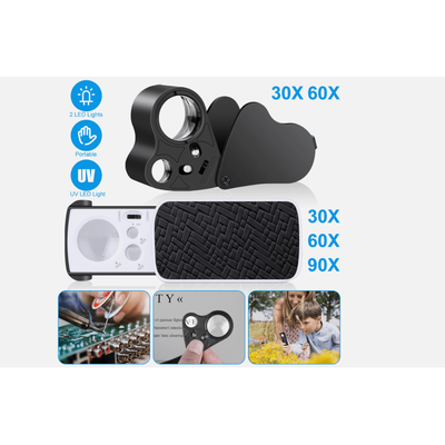 Pocket Magnifying Glass Set 30X 60X 90X LED Jeweler Loop With UV Light, Portable Eyeglass Magnifier For Coins, Jewelry. Pocket Magnifying Glass Set 30X 60X 90X LED Jeweler Loop With UV Light, Portable Eyeglass Magnifier For Coins, Jewelry.
