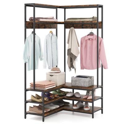 Corner Garment Rack With Open Shelves And Hooks, Entryway Clothes Organizer With Shoe Bench For Small Spaces Corner Garment Rack With Open Shelves And Hooks, Entryway Clothes Organizer With Shoe Bench For Small Spaces
