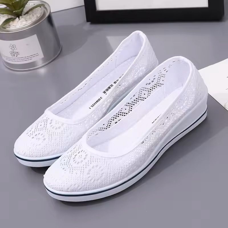 White Lace Hollow Breathable Summer Sneakers With Mid Wedge Heel For Women us 4 Eu 35 white