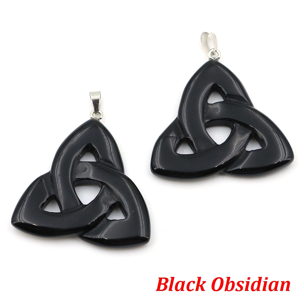 Natural Stone Irish Celtic Knot Pendant, Reiki Healing Crystal, Triangle Flower Amulet For DIY Jewelry Making Necklace black Obsidian 20 Pcs