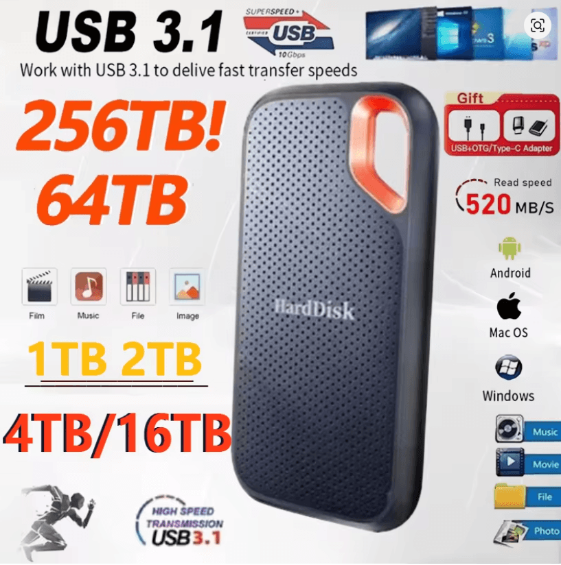 Portable External Hard Drive 1TB 2TB USB C For Laptop And Mac Backup Storage 30tb