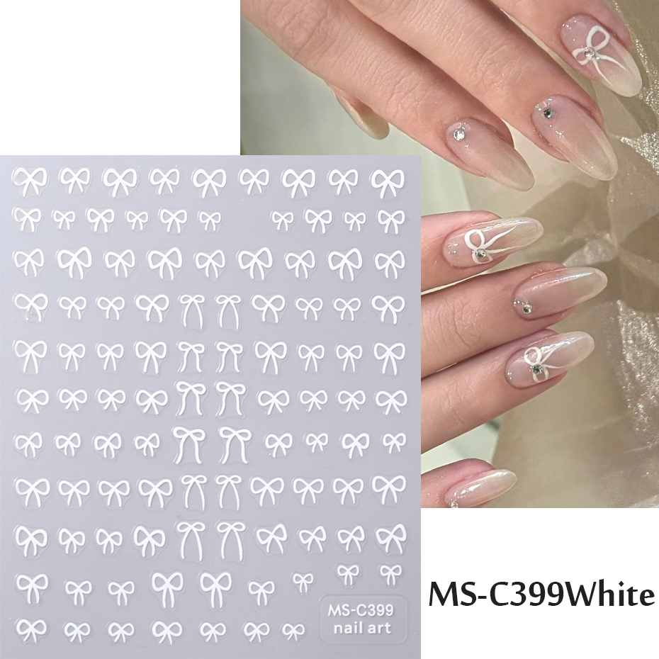 Self Adhesive Nail Art Stickers, Mini Bowknot Design With Lace Ribbons, Bows & Butterfly Decals For Stunning Nails ms c399 White