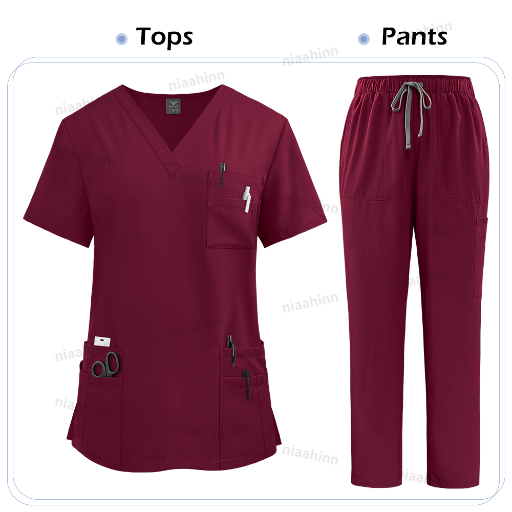 Unisex High Quality Nurse Uniform Set, Medical Clothing For Women With Lab Coat, Tops, And Pants, Nursing Scrubs Suit burgundy m