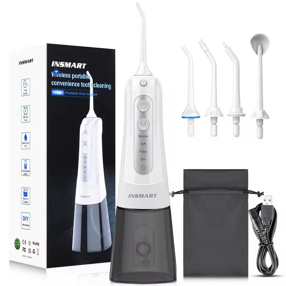 AquaPulse Cordless Water Flosser 300ML Portable Oral Irrigator With 4 Modes And USB Rechargeable Design white Grey