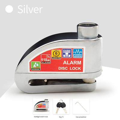 Motorcycle Bicycle Lock Alarm Anti Theft Disc Brake Padlock With Safety Protection Reminder Rope & Bag, Aluminum Alloy silver