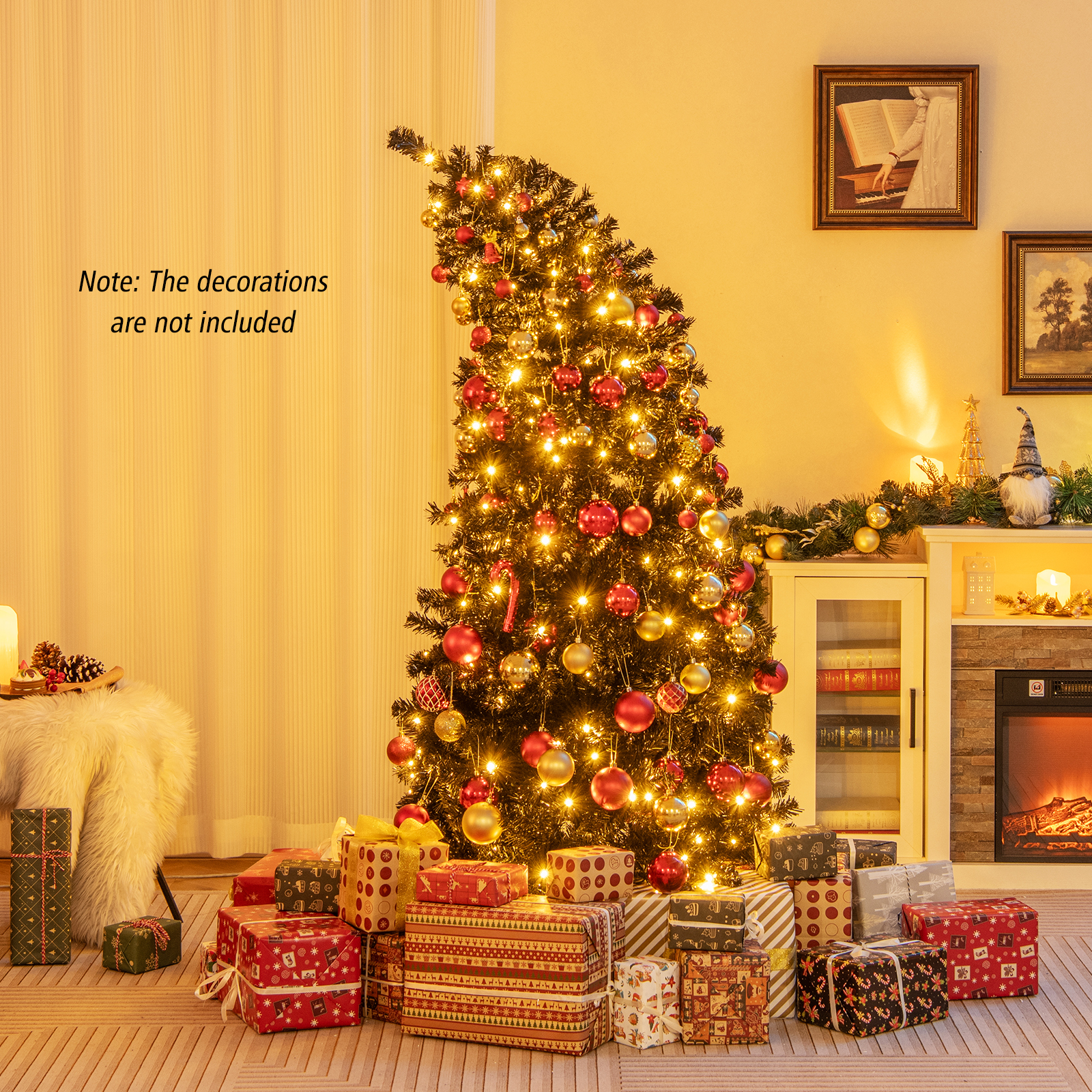 6FT Artificial Christmas Tree With Bendable Top & Warm White Lights, Black PVC Halloween Xmas Tree For Indoor Holida 6FT Artificial Christmas Tree With Bendable Top & Warm White Lights, Black PVC Halloween Xmas Tree For Indoor Holida