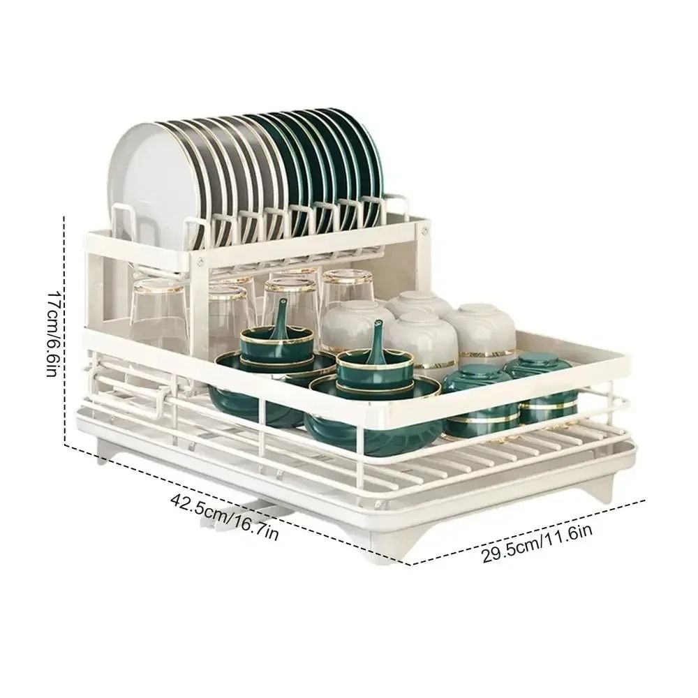 Adjustable Over Sink Dish Drying Rack With Drainboard And Cutlery Storage For Kitchen Counters white Double layer