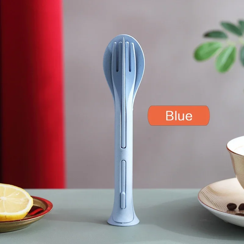 Portable Tableware Set Wheat Straw Dinnerware, Detachable Cutlery Travel Tableware Set With Case, Eco Friendly Camping blue