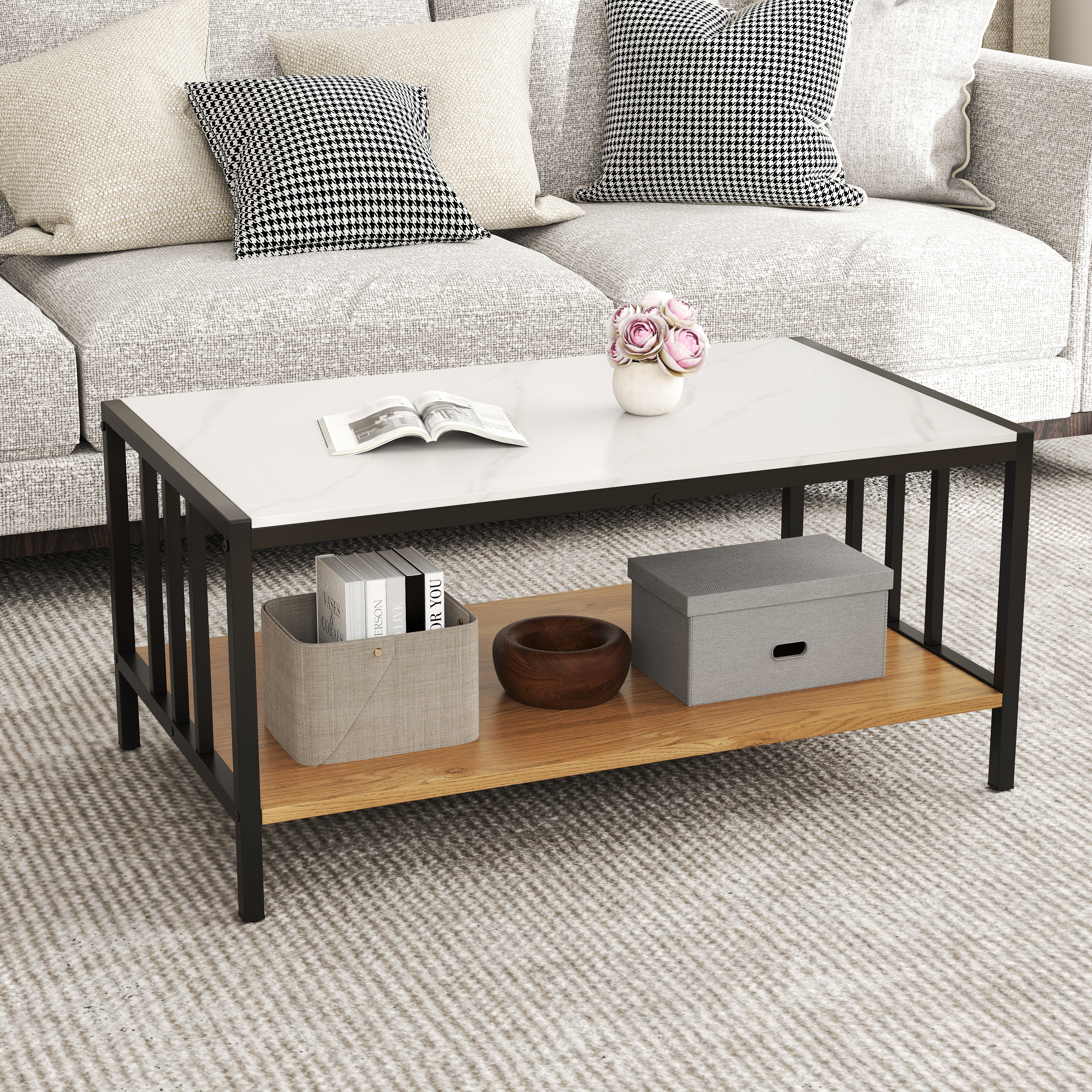Modern 2 Tier Coffee Table With Sintered Stone Tabletop, Faux Marble Accent Center Table With Storage Shelf For Room Modern 2 Tier Coffee Table With Sintered Stone Tabletop, Faux Marble Accent Center Table With Storage Shelf For Room