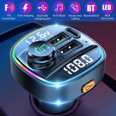 Bluetooth Car Wireless FM Transmitter Adapter With USB PD Charger, AUX & Hands Free Calling, 7 Color LED, LCD Display Bluetooth Car Wireless FM Transmitter Adapter With USB PD Charger, AUX & Hands Free Calling, 7 Color LED, LCD Display