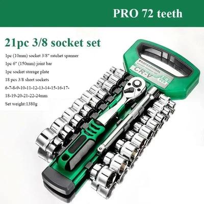 Compact Ratchet Wrench Set, Socket Sleeve Key Kit For Car Repair & Home Use 3 8inch 21pc Set