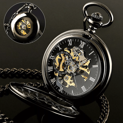 Mens Black Mechanical Pocket Watch Steampunk Skeleton Design With Retro Chain, Luxury Classic Timepiece Mens Black Mechanical Pocket Watch Steampunk Skeleton Design With Retro Chain, Luxury Classic Timepiece