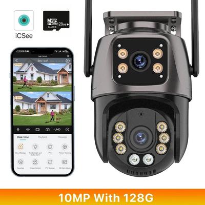 HD Triple Lens WiFi IP Camera 3 Lens Outdoor Security Camera With Motion Detection, Waterproof CCTV, Night Vision, ICSee 10mp With 128 Gb