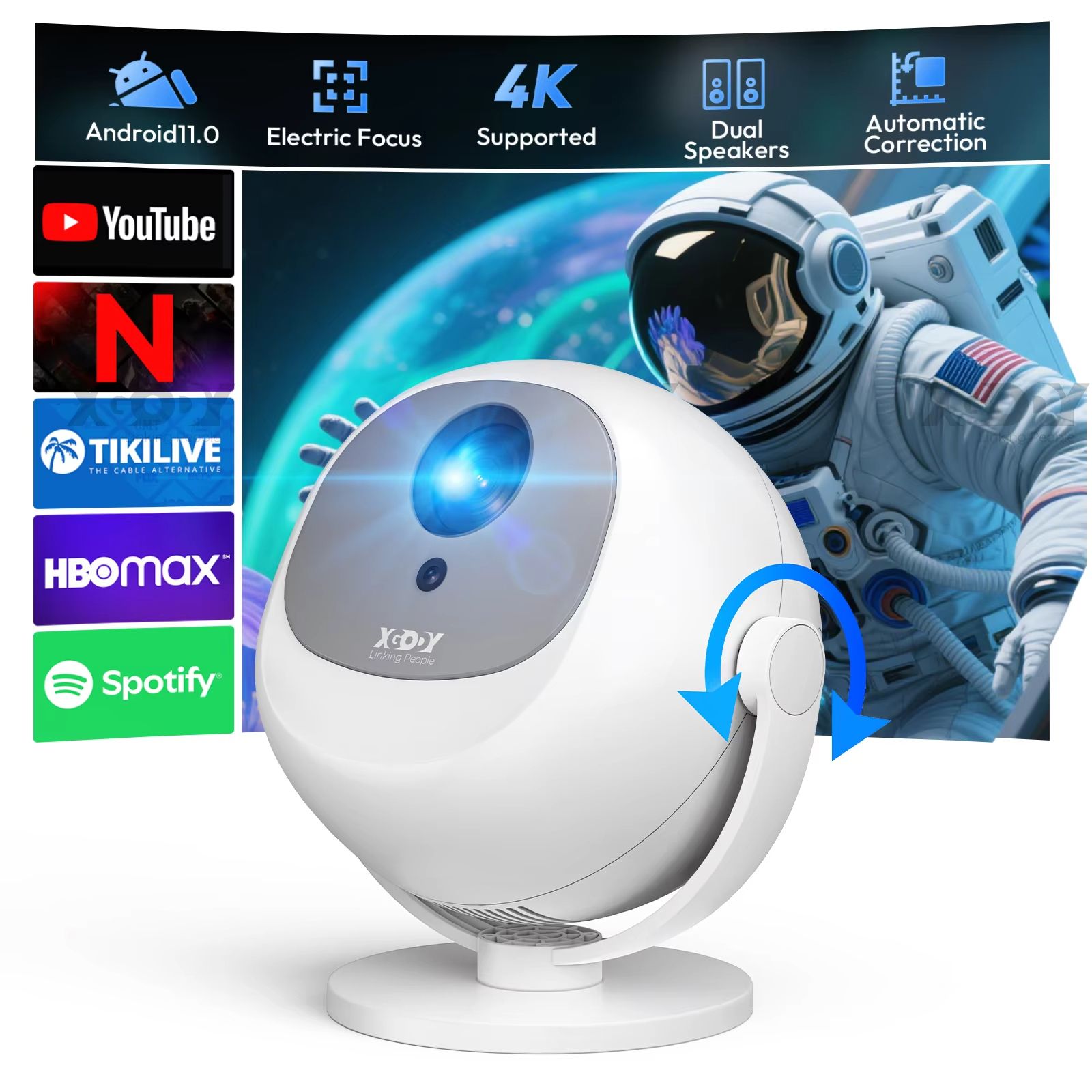XGODY Home Cinema 4K Smart Portable Projector Android 11 WiFi 6 Bluetooth white
