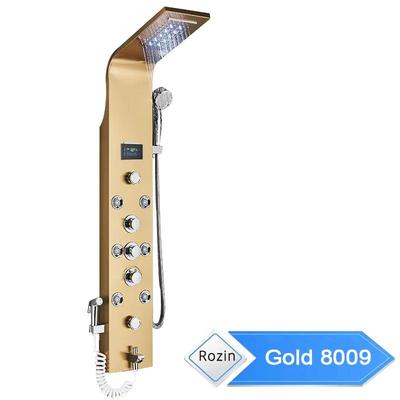 LED Bathroom Shower Panel 6 Modes Rainfall & Waterfall Shower Column With Intelligent LCD, Massage Jet, And Rose Gold golden 8009