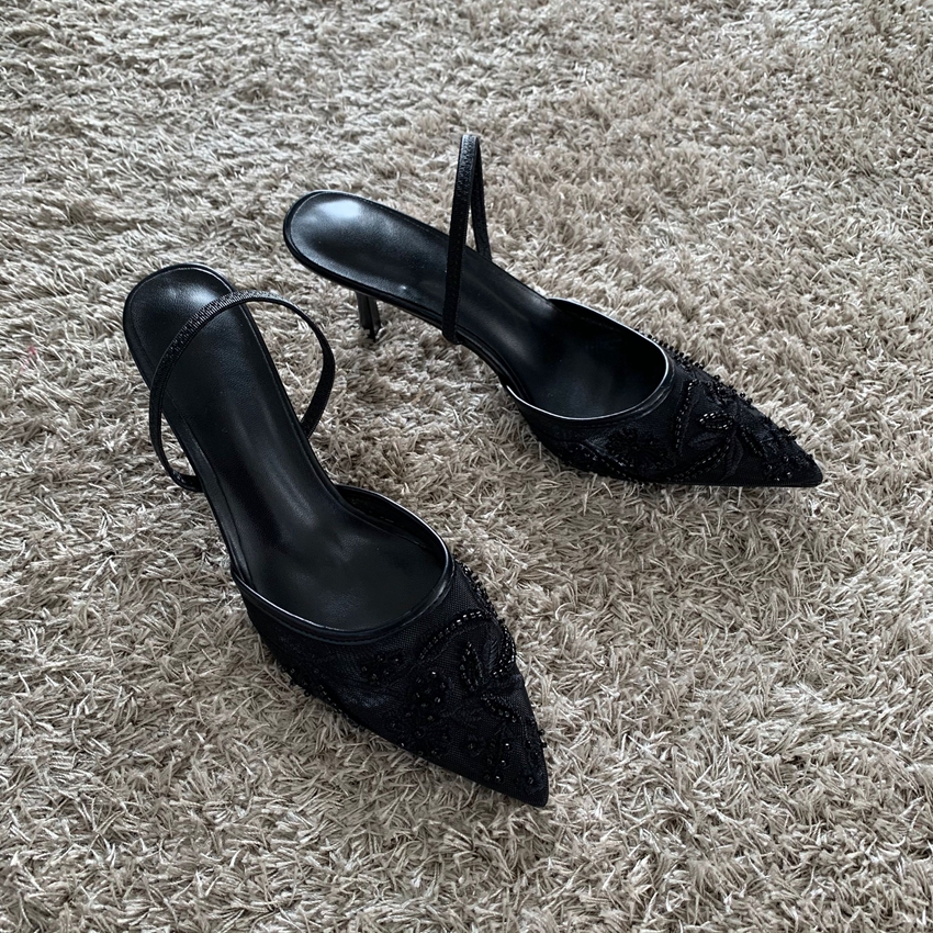 High Heels Women Sandals Mesh Embroidered Elegant Pointed Toe Slingback Party Wedding Bridal Dress Shoes For Women skin 37
