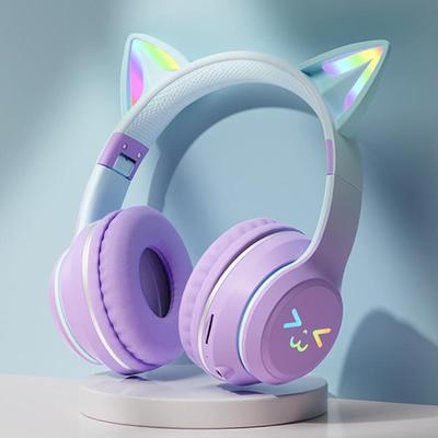 Wireless Cat Ear Headphones Bluetooth RGB Glow, Gaming Headset With Cable, Original Earphones For Smartphone PC Sport purple