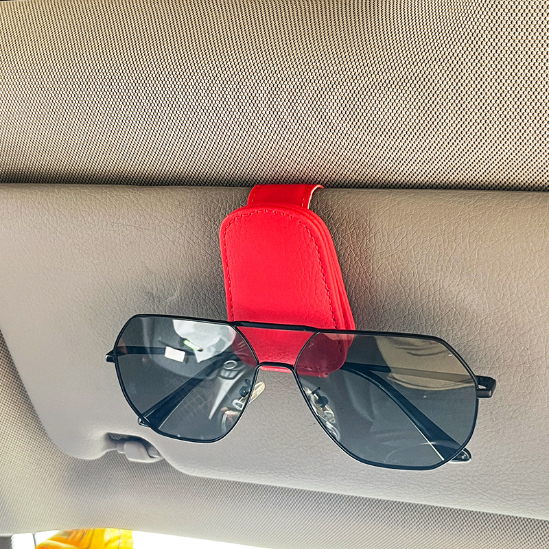 Universal Car Sun Visor Sunglasses Holder PU Leather Magnetic Clip For Glasses, Cards & Pens, Auto Accessories Organizer red