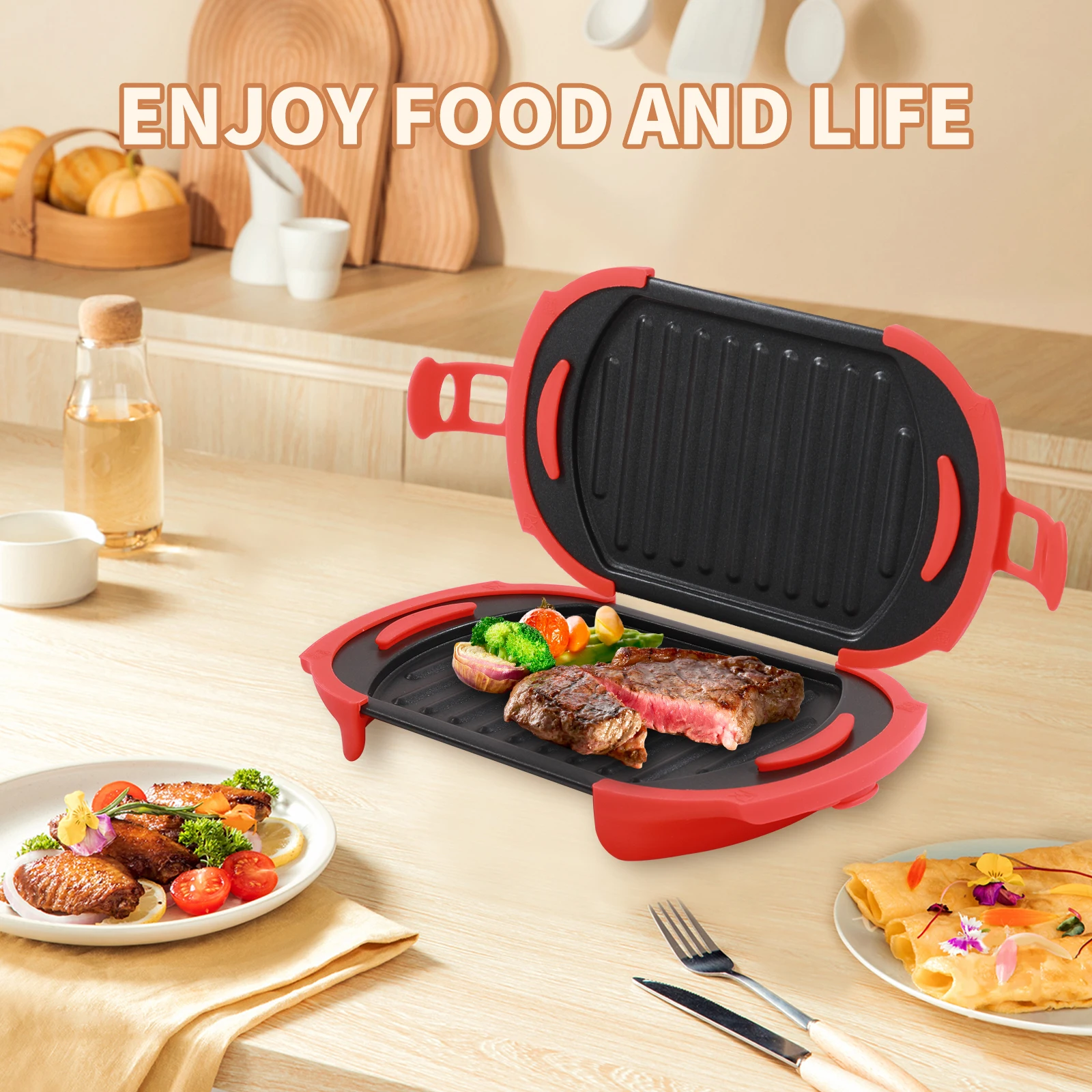 YYWAVLE Geeignet für mikrowellenverstellbaren Grill, Panini-Presse, Sandwichmaschine, Toast, Waffeln, Sandwiches, gegrilltes Fleisch Image