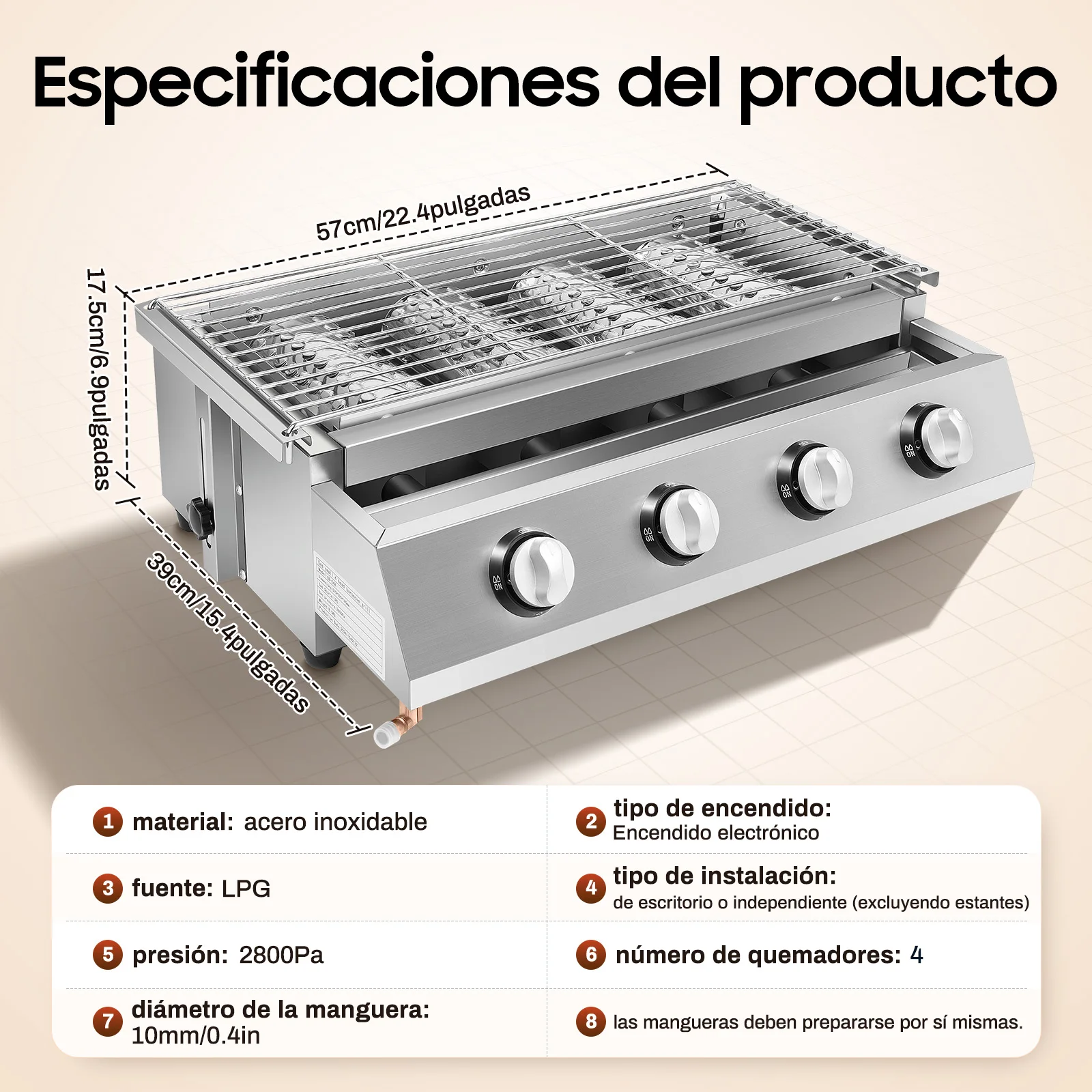 Rauchfreier Gasgrill mit 4 Brennern, rutschfest, 22-Zoll-Edelstahlgrill mit verstellbarer Höhe und abnehmbarem Ölwanne zum Kochen im Freien Image