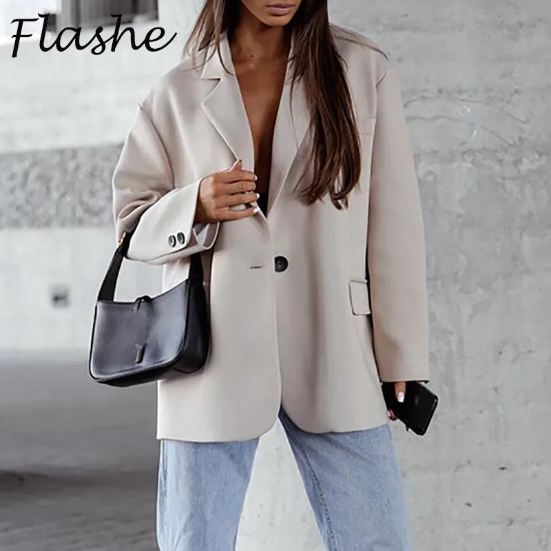 Mode Single Button Blazer Frau Drehen Unten Kragen Lose Khaki schwarze Jacke Frau Casual Büro Mäntel Für Frauen Strickjacke Image