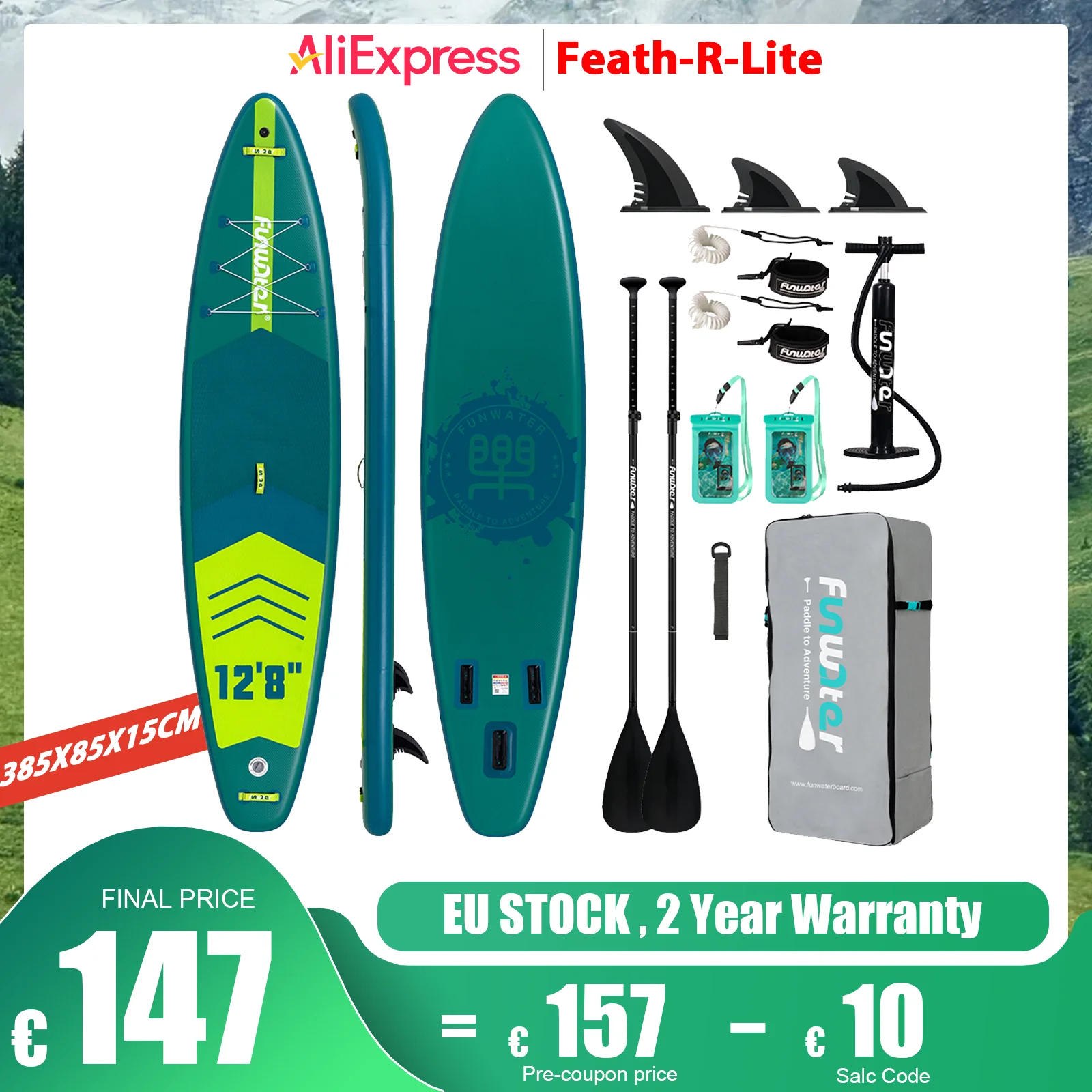 Feath-R-Lite Stand Up Paddleboard 385 x 85 x 15 cm SUP rutschfestes Surfbrett aufblasbares Paddleboard Wassersportausrüstung für FunWater Image