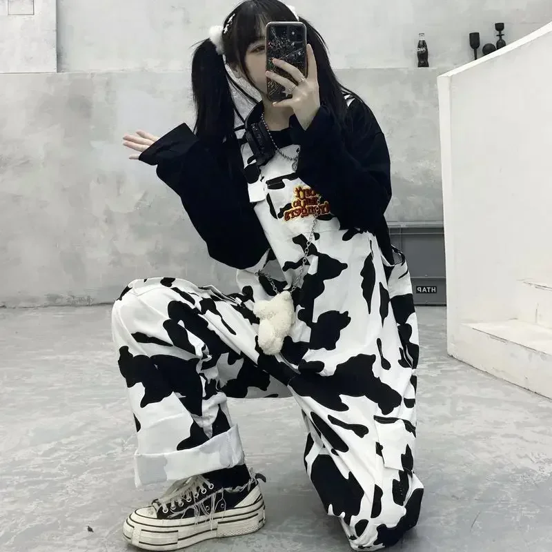 2025 Street Kuh Druck Overall Frauen Schwarz Weiß Plaid Overalls Casual Harajuku Hosen Baggy Hosen Hip-hop