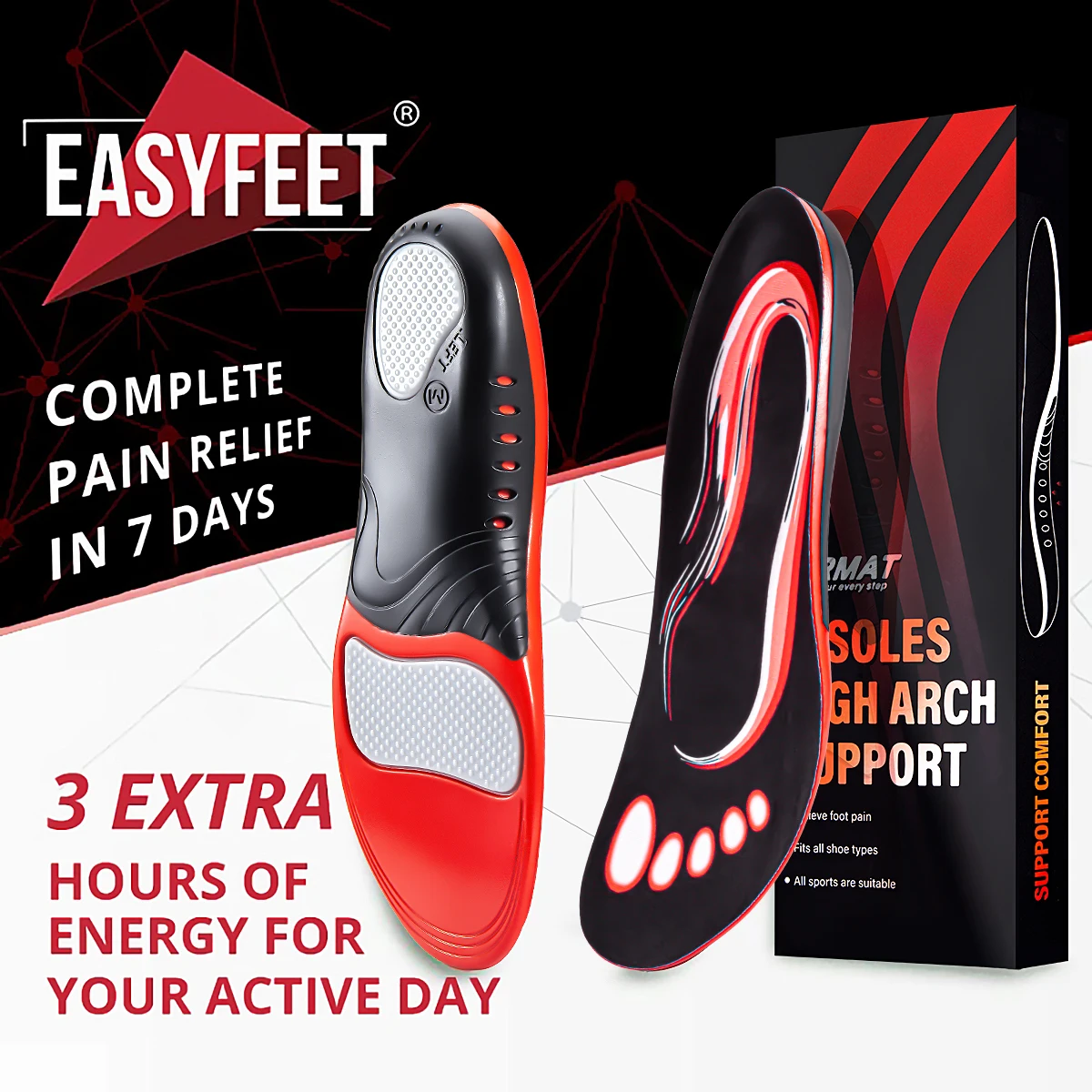 Premium-Einlegesohle für Füße, PU-Gel-Stoßdämpfer, atmungsaktives Sohlenpolster, Sport-Fußpflege-Einlegesohle Image