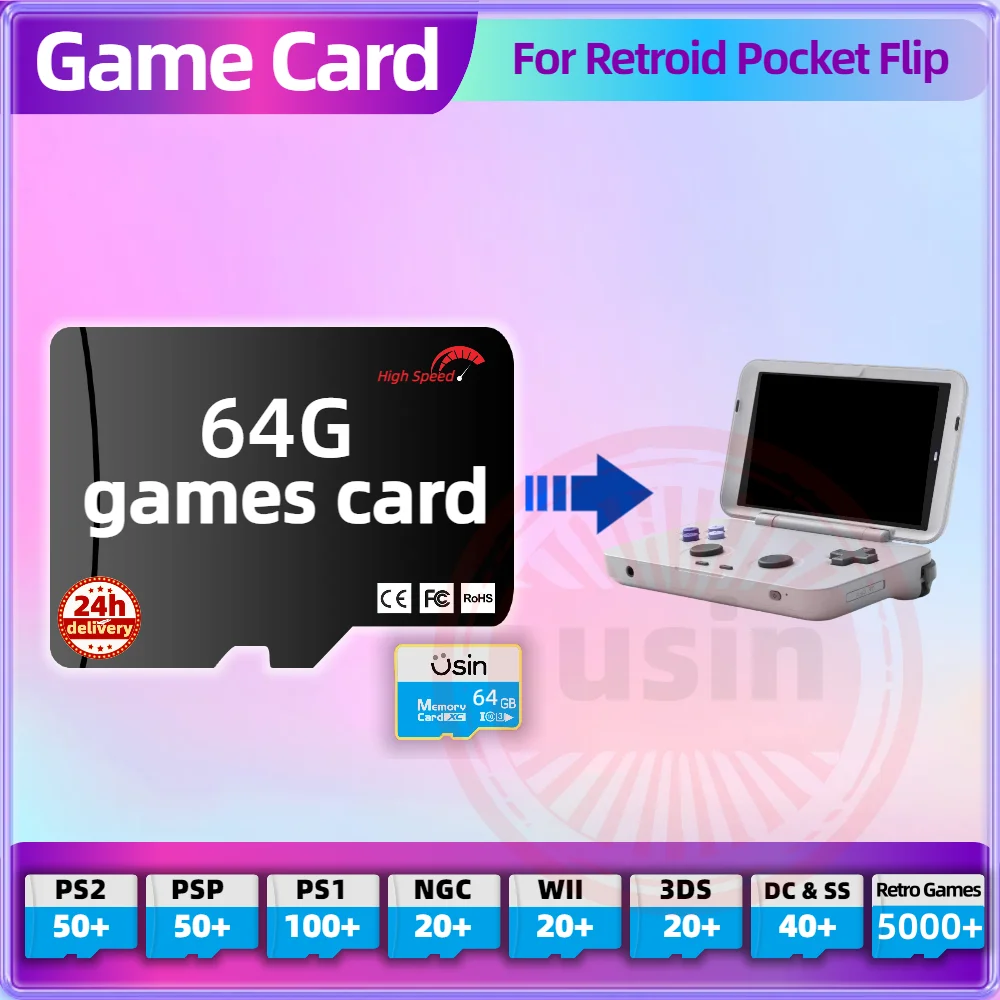 Spielkarte für Retroid Pocket Flip RPFLIP 5TF Retro-Spiele PS2 PSP PS1 Android tragbare Handheld-Gaming-SD-Karte High Speed 64G