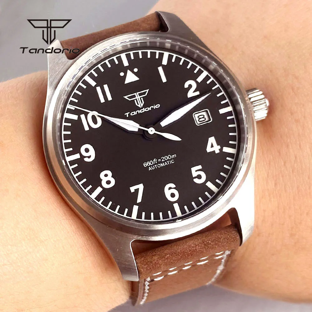 Tandorio 39 mm Pilot Herren-Taucher-Automatikuhr AR Sapphire Miyota8215/PT5000 Movt mechanische Stahl-Armbanduhr 20BAR Green Lume Image