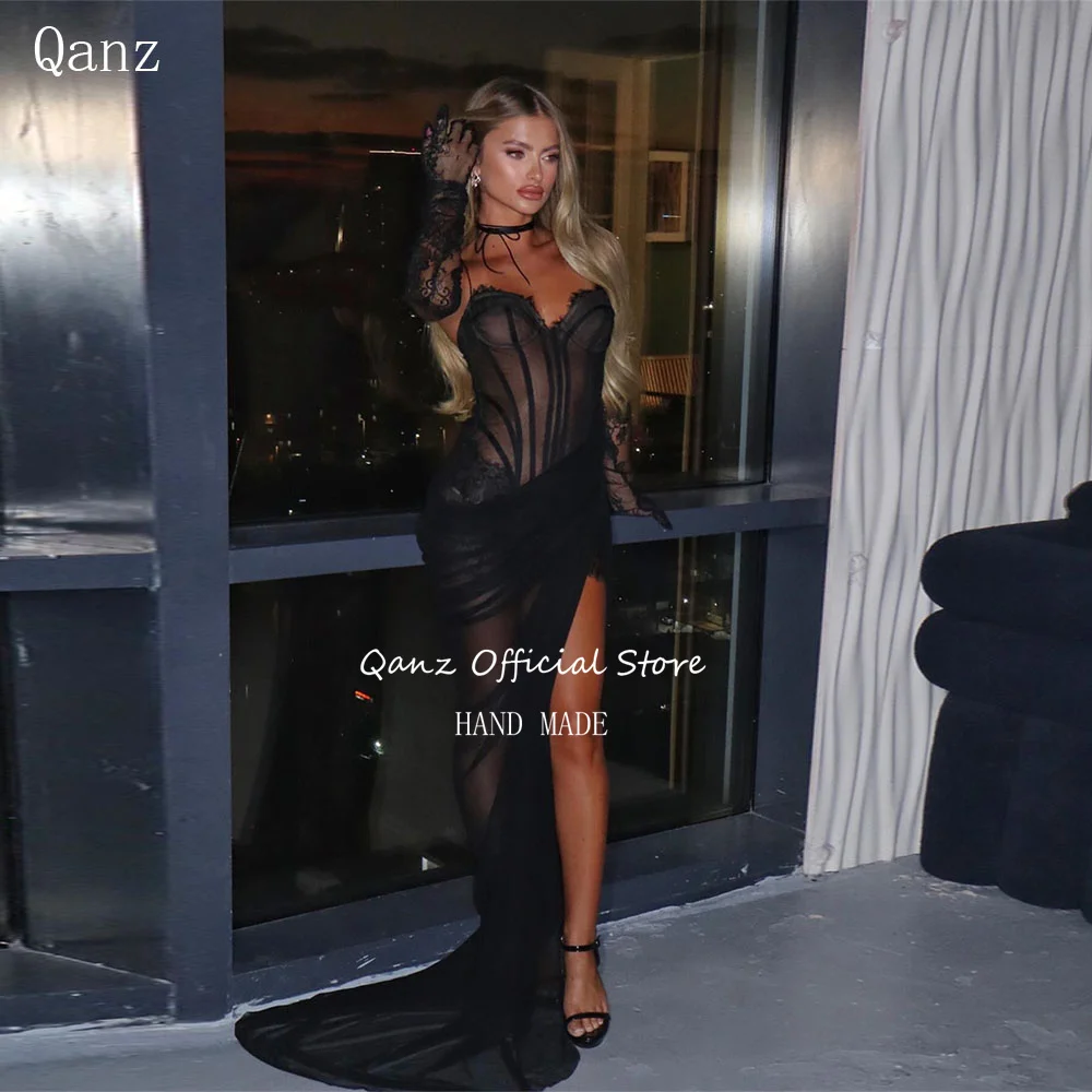 Qanz Sexy Black Prom Dresses Sweetheart High Slit Chiffon Vestidos De Boda Para Fiestas Lace Sheer Party Gowns Customized