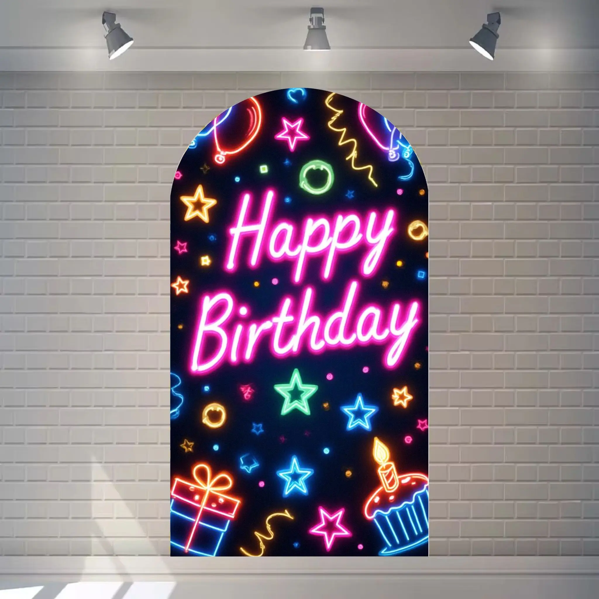 VIKAMA Neon-Geburtstags-Bogen-Hintergrund, alles Gute zum Geburtstag, Geburtstag, Party, Bogen-Hintergrund, Dekoration, Fotografie-Hintergrund Image