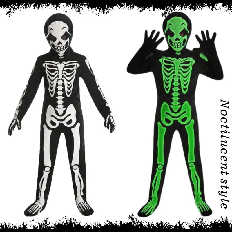 Halloween Kinder Skelett Kostüm Glow In The Dark Knochen Overall Maske Party Dress Up Gruseliges Outfit für Cosplay Performance Karneval Image