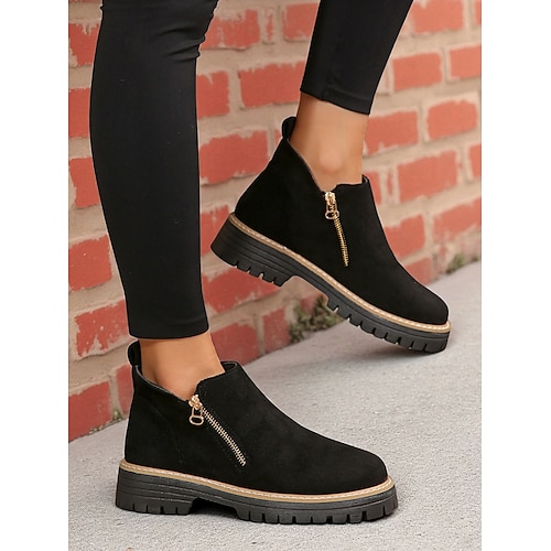 Damenstiefeletten aus grauem Wildlederimitat – seitlicher Reißverschluss, rutschfeste Profilsohle, stylische Streetwear für Herbst und Winter Image