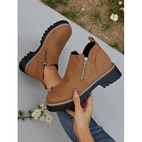 Damenstiefeletten aus grauem Wildlederimitat – seitlicher Reißverschluss, rutschfeste Profilsohle, stylische Streetwear für Herbst und Winter Image