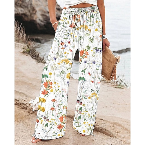 Damen Weites Bein Hosen Hose Palazzo-Hose Mode Boho Volle Länge Hohe Taille Blume Kordelzug Elastischer Bund Druck Atmungsaktivität Bequem Straße Alltagskleidung Ausgehen Weiß Frühling Herbst Normale Image