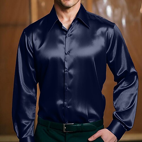 Herren Hemd Seidenartig Satinhemd Kleidhemd Freizeithemd Knopfhemd Einfach Geschäft Formell Blau Schwarz Gelb Rote Langarm Revers Frühling Herbst Ganzjahres Bekleidung Image