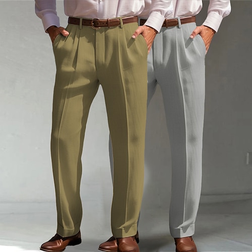 Herren Leinenhosen Hose Anzughose Sommerhose Fronttasche Falten Gerader Schnitt Einfach Komfort Atmungsaktiv Volle Länge Formell Geschäft Täglich Mode Basic Grün grau Weiß Khaki Unelastisch Image