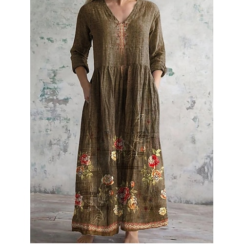 Damen Midikleid A Linie Kleid Lässig Täglich Normale Passform Blumen Dreiviertelarm V Ausschnitt Gelb Dunkelgrün Braun Grün Sommer Frühling Herbst Image