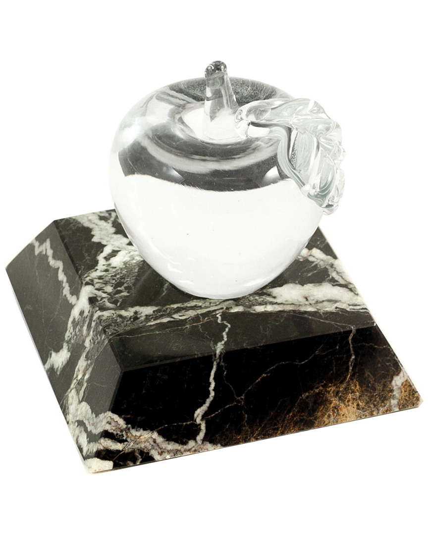 Bey-Berk Glass Apple Paperweight On Black Zebra Marble