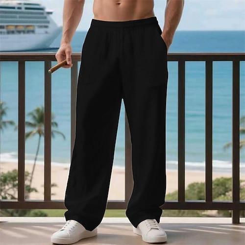 Herren Leinenhosen Hose Sommerhose Strandhose Kordelzug Tasche Elastischer Bund Einfach Komfort Atmungsaktiv Urlaub Täglich Ferien Hawaiianisch Boho Armeegrün Schwarz Image