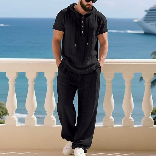 Herren T-Shirt Anzüge Hemd- und Hosensets 2-teiliges Outfit Kurzarm Mit Kapuze Sommer Frühling Einfach Mode Lässig Kordelzug 2 teilig Knöpfe Urlaub Alltagskleidung Ausgehen Schwarz Weiß Gelb Top Image