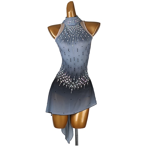 Eiskunstlaufkleid Damen Mädchen Eislaufen Kleid Grau Patchwork Offener Rücken Netzstoff Spandex Hohe Elastizität Training Übung Professionell Eiskunstlaufkleidung Klassisch Kristall / Strass Ärmellos Image