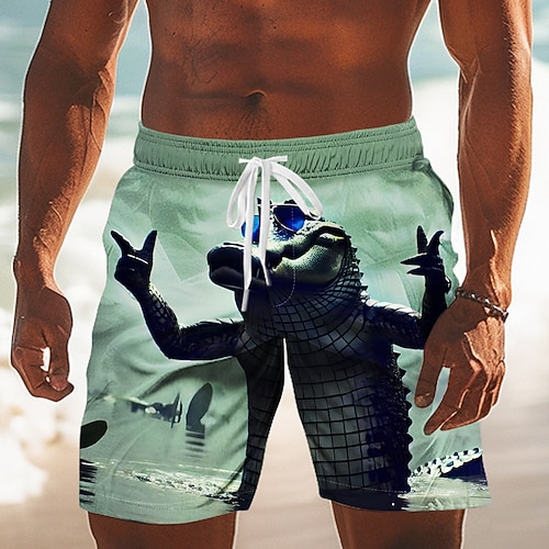 Herren Tiermotiv Krokodil Lustig Badehosen Badeshorts Boardshorts Mittlere Taille Hawaiianisch Outdoor Urlaub Alltagskleidung Seitentaschen Netzfutter Elastischer Kordelzug in der Taille Designer Image