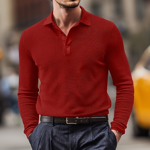 Herren Waffel-Poloshirts Golfshirt Straße Lässig Revers Langarm Basic Modern Einfach Texture Knöpfe Frühling Herbst Ganzjahres Normale Passform Weiß Schwarz Gelb Rote Blau Grau Waffel-Poloshirts Image