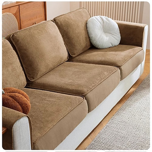 Cord-Sofabezug mit vollständiger Abdeckung – dehnbarer Universal-Schonbezug für 3/4-Sitzer-Sofas, Ganzjahres-Kissenschutz mit rutschfester Unterseite Image