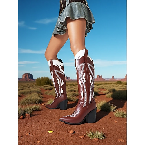 Damen-Western-Cowboystiefel mit gestickten Details, klobigen Absätzen, perfekt für urbane Bohème-Outfits und Festival-Styles Image